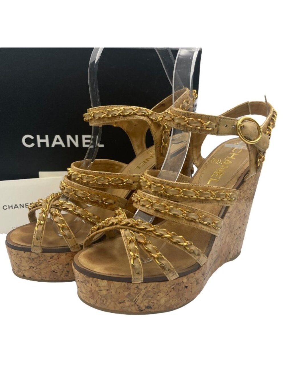 Chanel Sandals Leather Patent Cork CC Logo Thick Sole Chain Wedge Beige